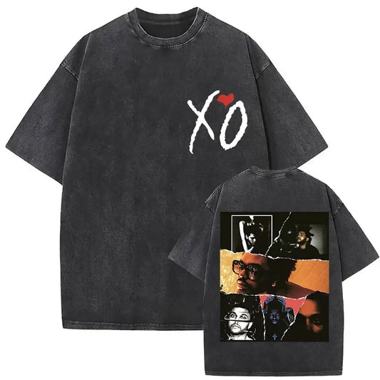 Black distressed cotton t-shirt with white xo and red heart front graphic and collage back for hours til dawn hip hop fashion