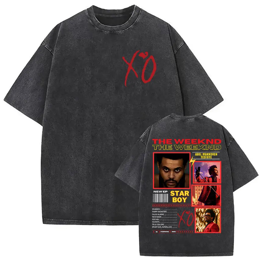 Black oversized t shirt with faded texture and red xo logo featuring star boy album graphic for hours til dawn hip hop fashion
