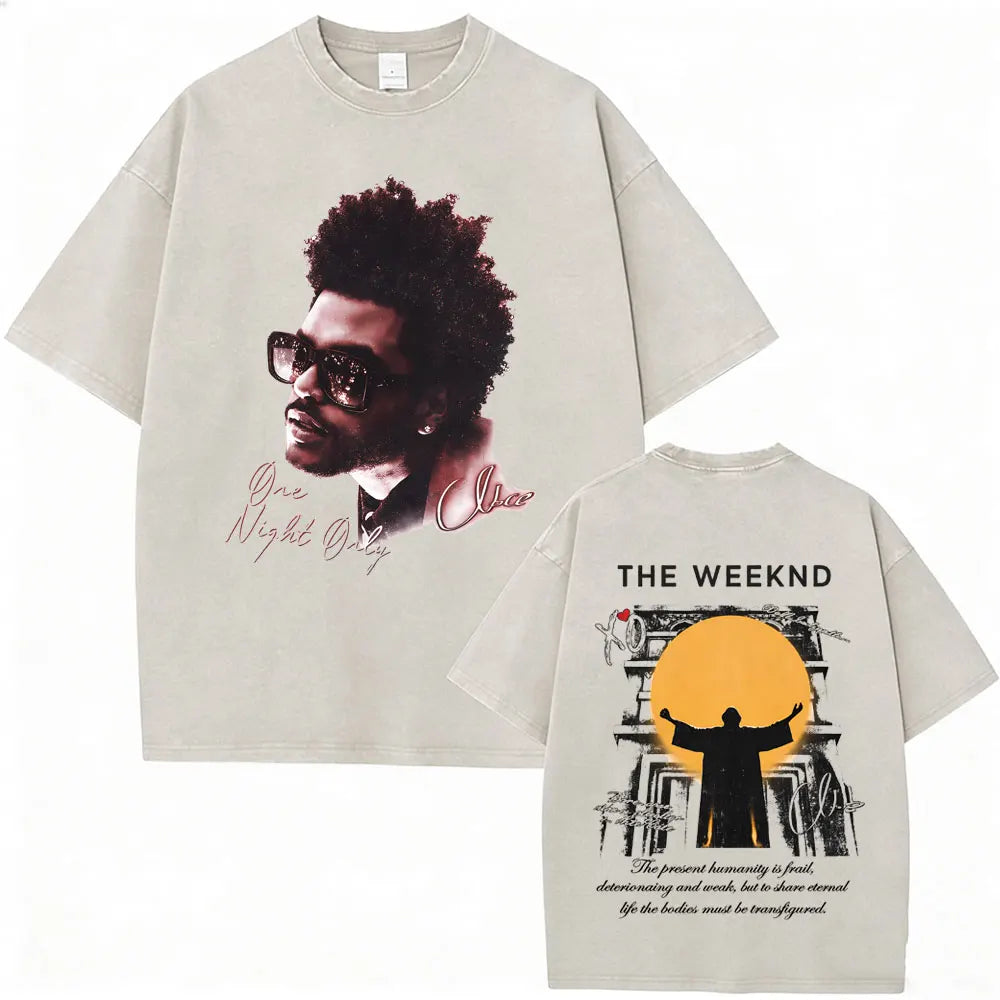 Beige oversized t shirt with printed the weeknd portrait front and sunburst silhouette back for hours til dawn hip hop fashion