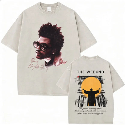 Beige oversized t shirt with printed the weeknd portrait front and sunburst silhouette back for hours til dawn hip hop fashion