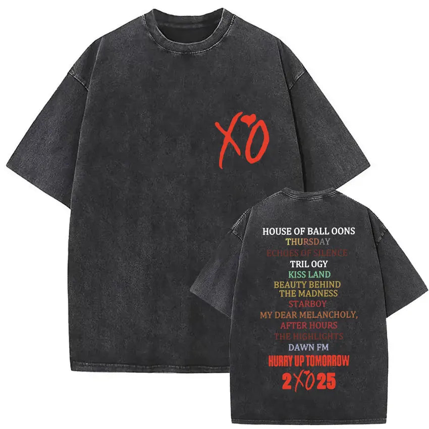 Black distressed cotton t-shirt with red xo logo front and colorful song titles back for hours til dawn playboi carti tour hip hop fashion
