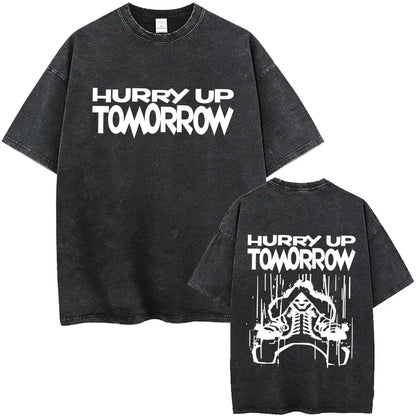 Black distressed cotton t-shirt with hurry up tomorrow print and skeletal graphic on back for playboi carti tour hip hop fashion
