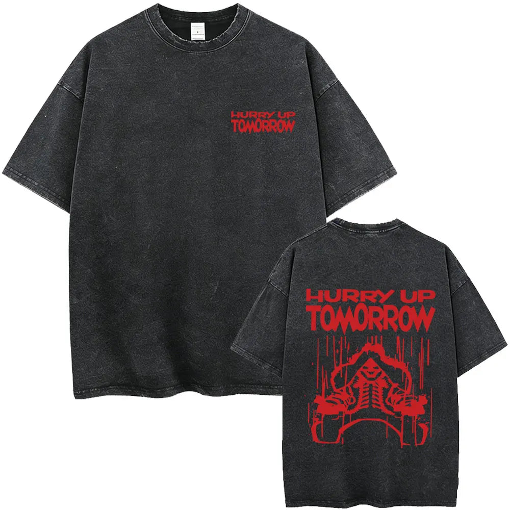 Black distressed cotton t shirt with bold red hurry up tomorrow text and skeletal graphic on back for hours til dawn hip hop fashion