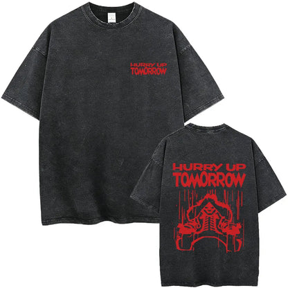 Black distressed cotton t shirt with bold red hurry up tomorrow text and skeletal graphic on back for hours til dawn hip hop fashion