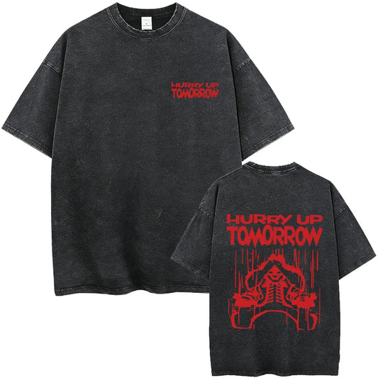 Black distressed cotton t shirt with bold red hurry up tomorrow text and skeletal graphic on back for hours til dawn hip hop fashion