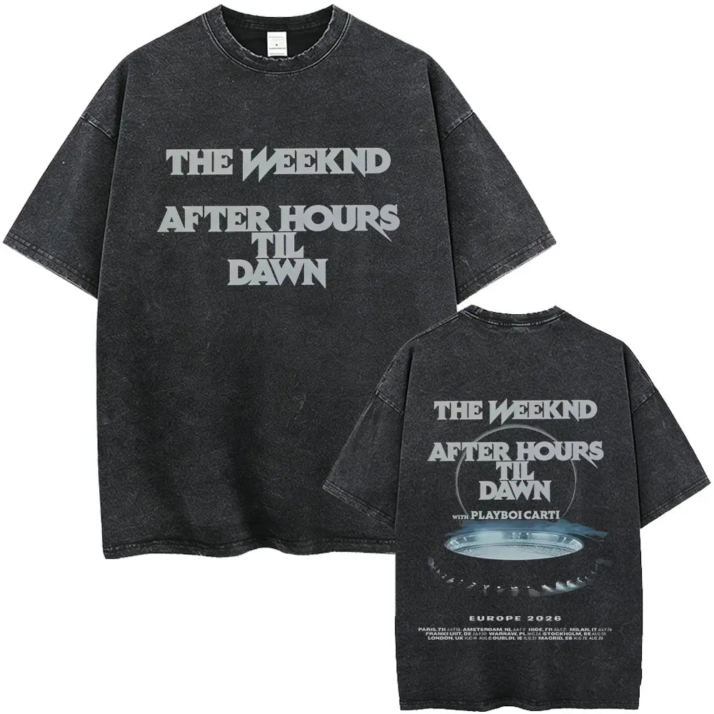 Black distressed cotton t-shirt back featuring the weeknd after hours til dawn graphic silver text hip hop fashion