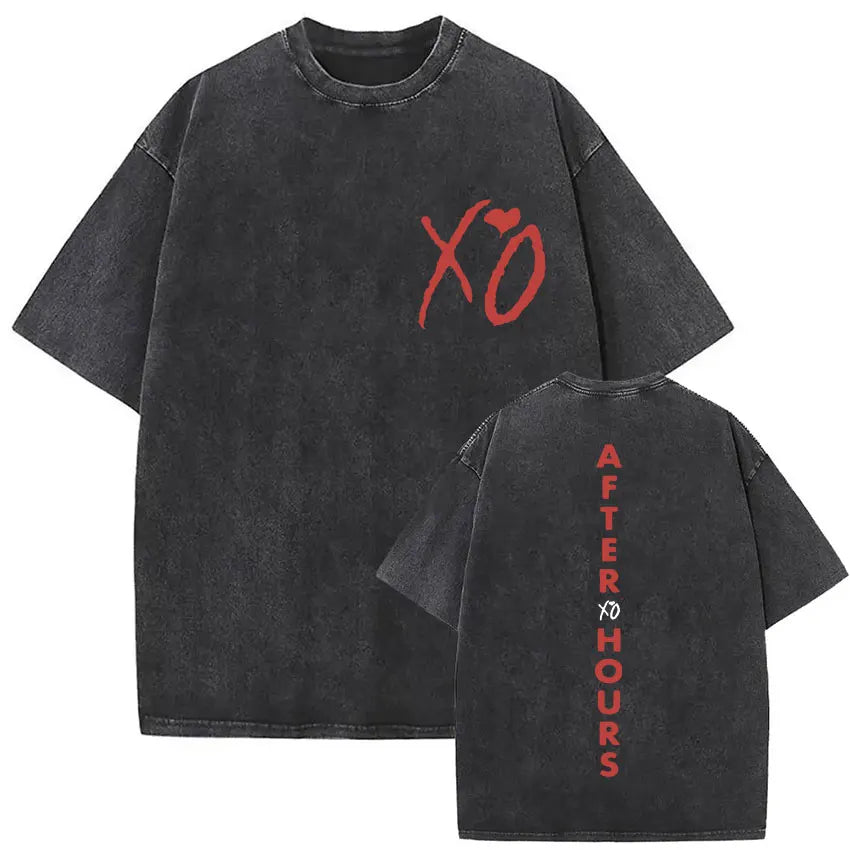 Black oversized t-shirt with faded fabric and red xo logo front and vertical after hours xo back for playboi carti tour hip hop fashion