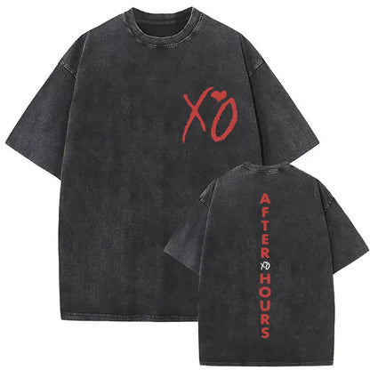 Black oversized t-shirt with faded fabric and red xo logo front and vertical after hours xo back for playboi carti tour hip hop fashion