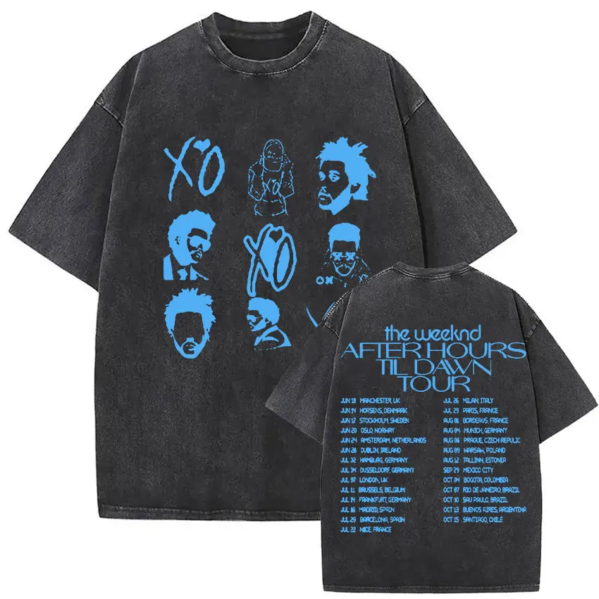 Black oversized t shirt with faded blue the weeknd graphic front and back printed tour dates for hours til dawn playboi carti tour hip hop fashion