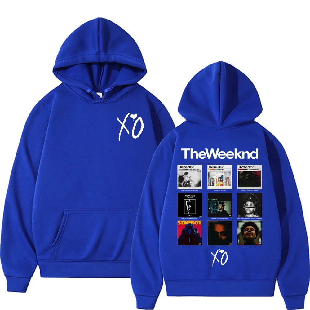 Royal blue weeknd album cover graphic hoodie featuring white xo logo front and back with pop music sweatshirt style