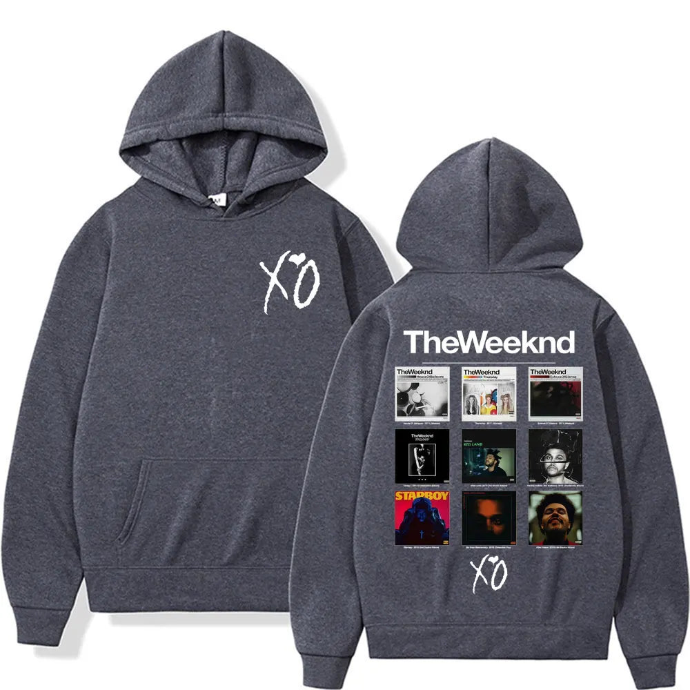 Dark gray hooded sweatshirt with white xo lettering front and weeknd album cover graphic hoodies on back for pop music fans