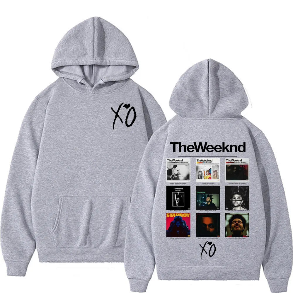 Gray hooded sweatshirt with black xo script front and weeknd album cover grid on back pop music sweatshirt
