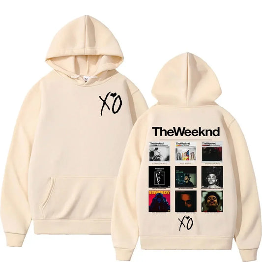 Cream-colored hoodie featuring black xo logo front and back with weeknd album cover graphic hoodies on the back