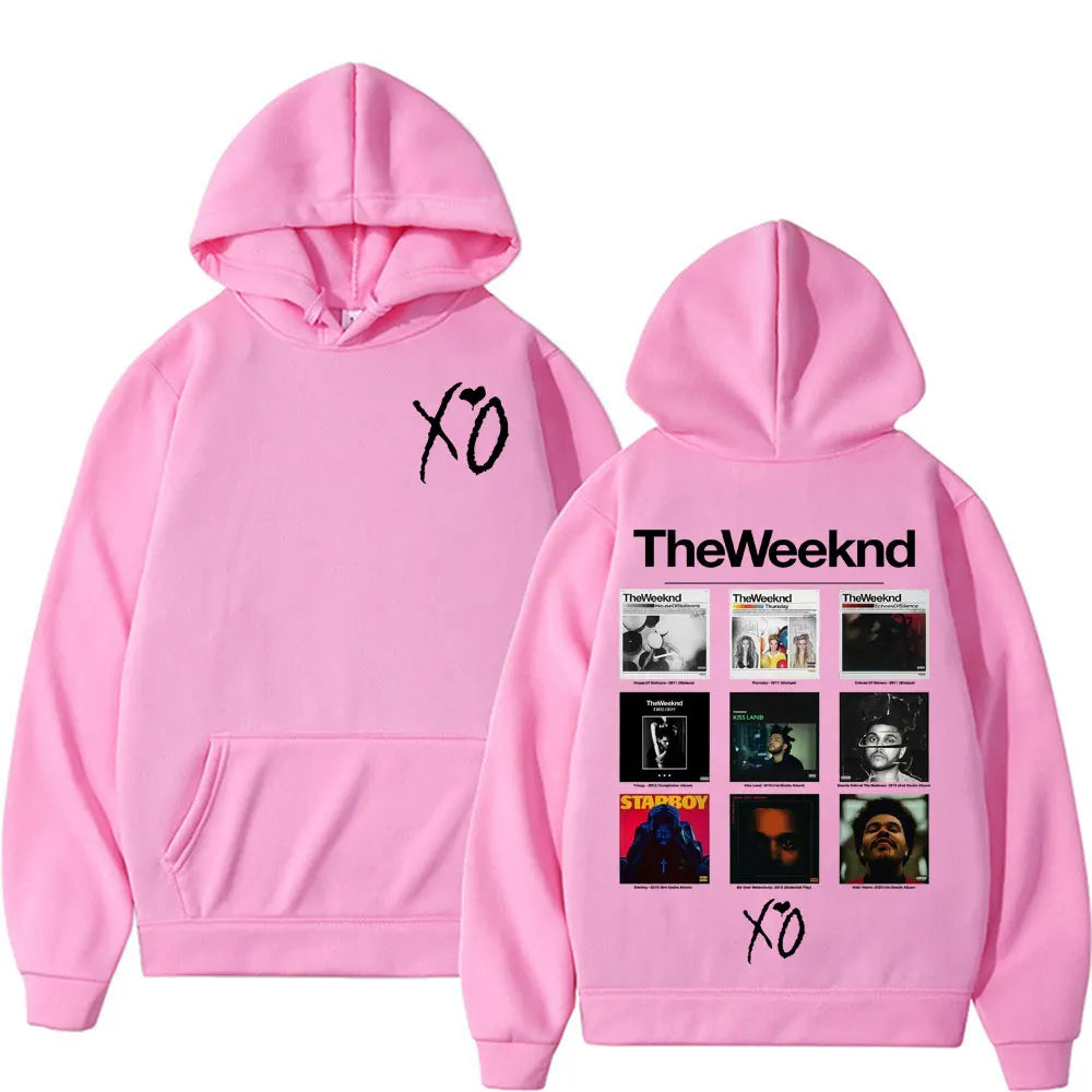 Pink hoodie showing the back with xo and weeknd album cover graphic hoodies design for pop music sweatshirt fans