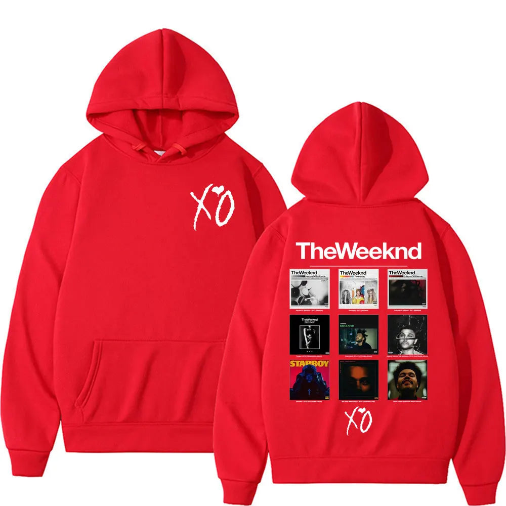 Red hooded sweatshirt featuring weeknd album cover graphic hoodies with white xo script and theweeknd text for pop music fans