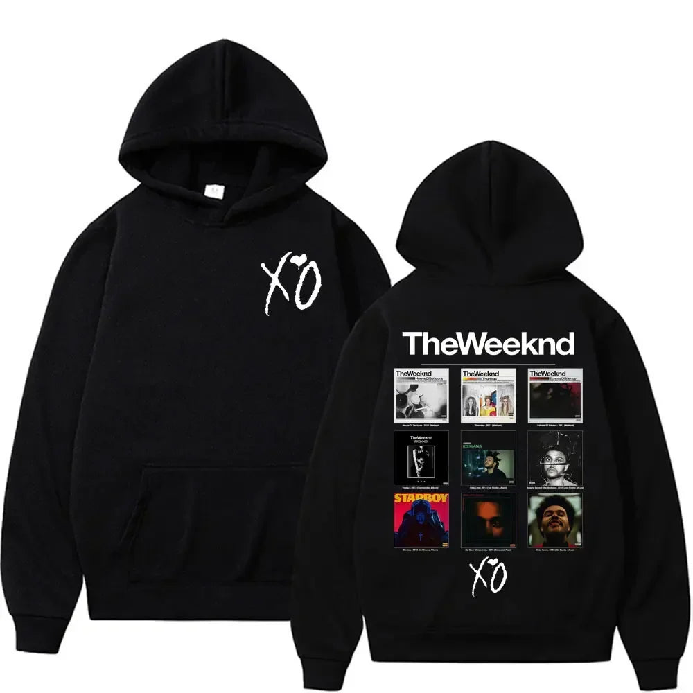 Black hoodie with white xo logo and grid of weeknd album cover graphic hoodies for pop music sweatshirt fans