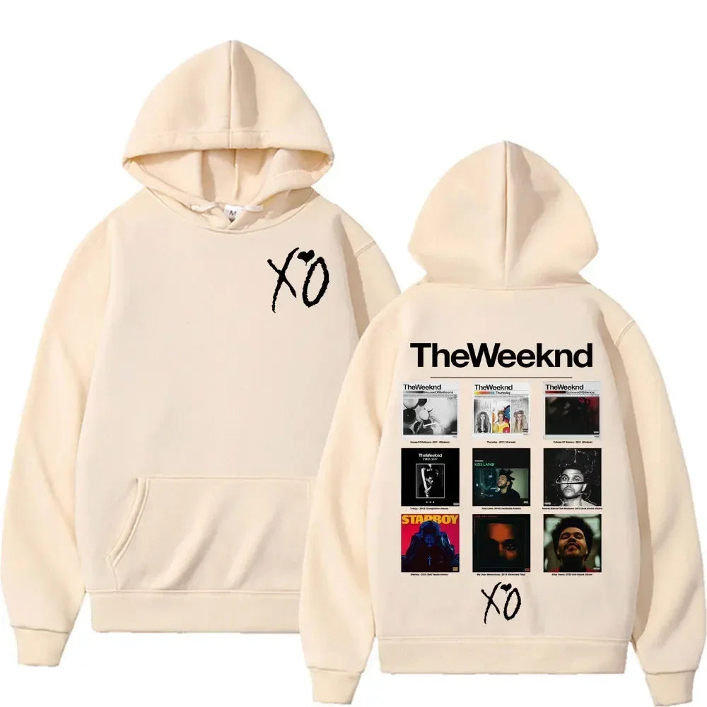 Cream-colored weeknd album cover graphic hoodie with front logo and back panel for pop music sweatshirt style
