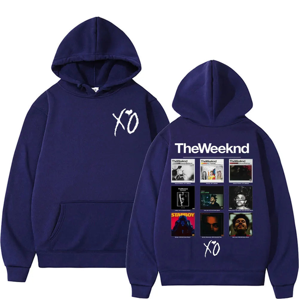Navy blue hoodie with white xo logo front and weeknd album cover graphic hoodies grid on back pop music sweatshirt