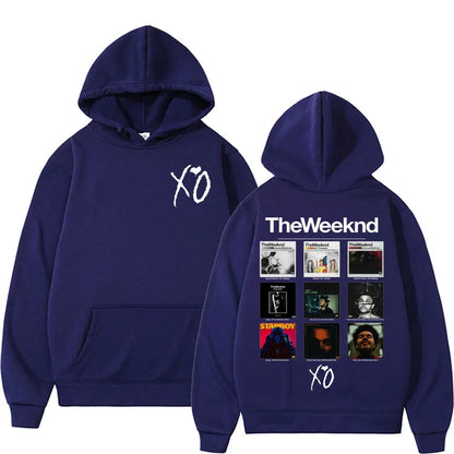 Navy blue hoodie with white xo logo front and weeknd album cover graphic hoodies grid on back pop music sweatshirt