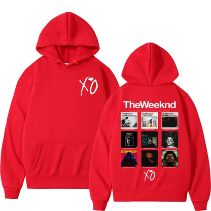 Red hooded sweatshirt featuring white xo logo and weeknd album cover grid for pop music sweatshirt fans
