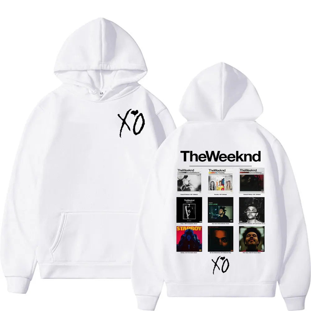 White hoodie featuring xo logo front and weeknd album cover grid with theweeknd text pop music sweatshirt