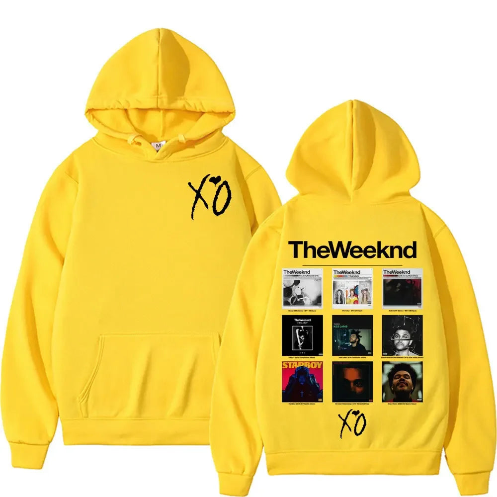 Bright yellow weeknd album cover graphic hoodie featuring black xo logo and album cover grid pop music sweatshirt