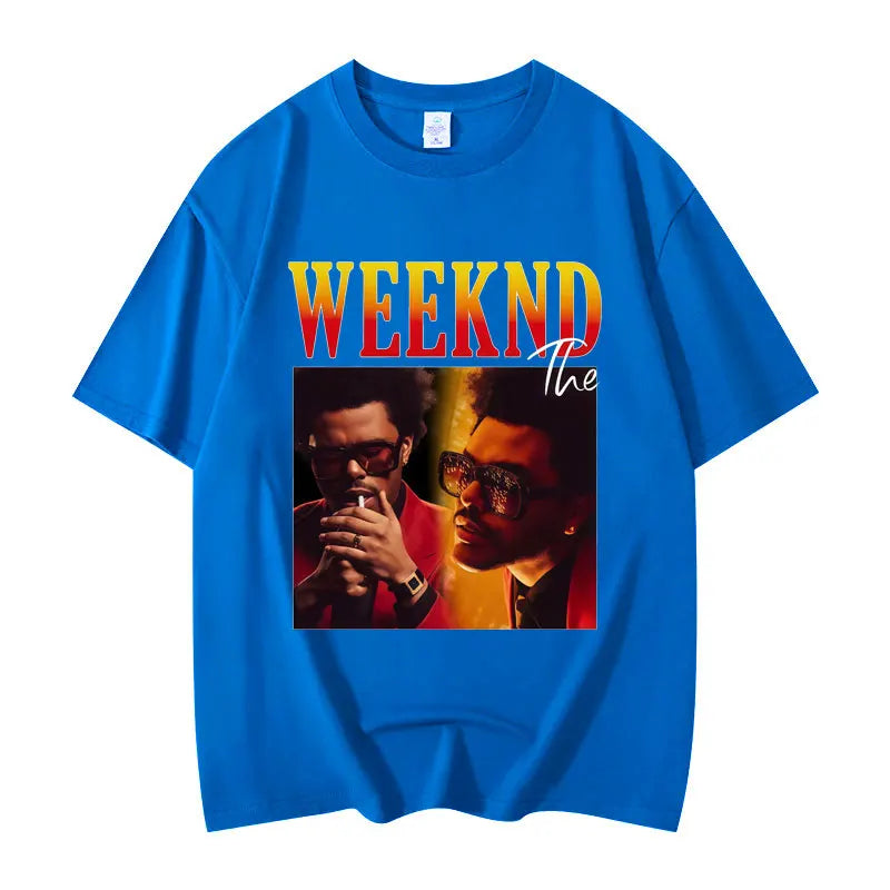 Bright blue high quality cotton graphic t shirt featuring The Weeknd print and bold gradient clothing hip hop design