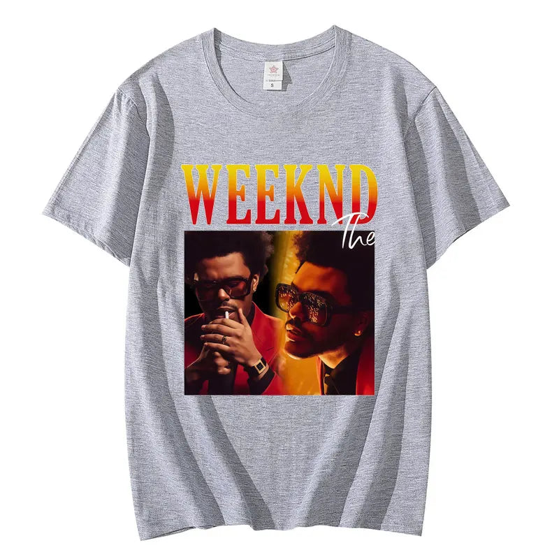 Gray high quality cotton graphic t shirt featuring the artist Weeknd with bold yellow and red lettering for clothing hip hop