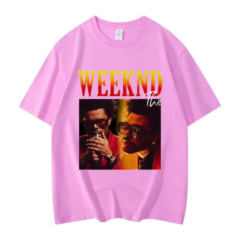 Pink short-sleeved graphic t shirt featuring The Weeknd print with bold lettering made of high quality cotton for hip hop fashion
