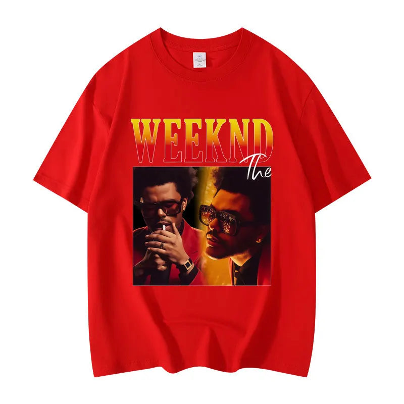 Red cotton graphic t shirt featuring bold yellow orange The Weeknd print for hip hop fashion style