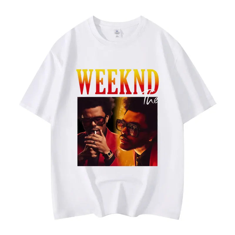 White cotton rapper the weeknd graphic t shirt with bold yellow and red lettering for clothing hip hop fashion
