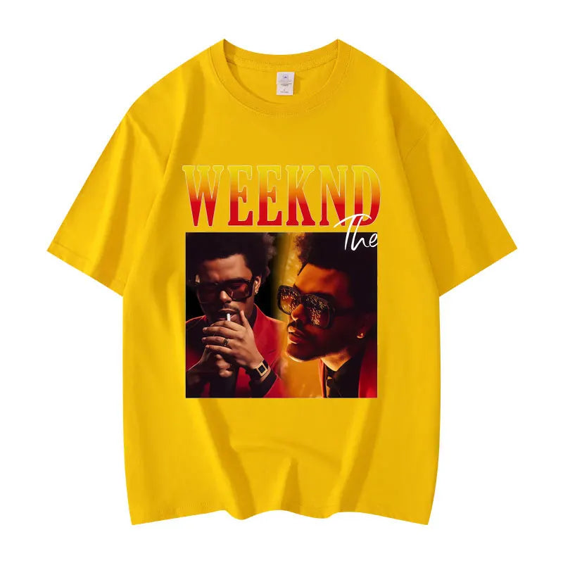 Bright yellow rapper The Weeknd graphic t shirt in high quality cotton for men and women hip hop fashion short sleeve