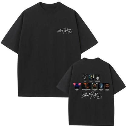 Black oversized cotton t shirt featuring white signature front print and detailed album cover graphic back using digital printing process