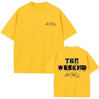 Bright yellow oversized cotton t shirt for men and women featuring the weeknd album cover graphic printed using digital printing process on back