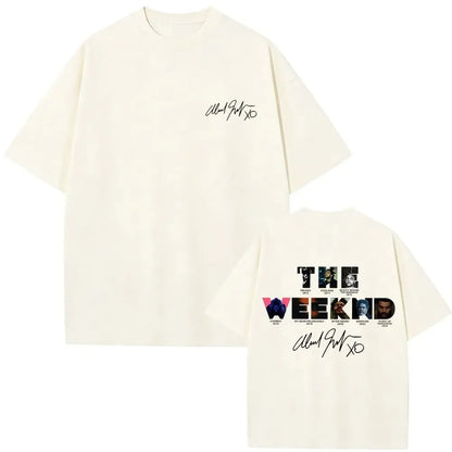 Cream oversized cotton t shirt with black signature front and detailed weeknd album cover back using digital printing process