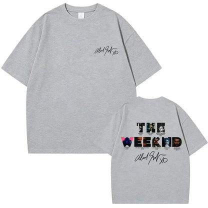 Gray heathered cotton t-shirt featuring front chest signature and back digital printing process weeknd album art