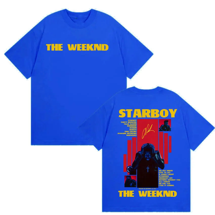Bright blue cotton t-shirt with bold yellow weeknd starboy album graphic for gothic hip hop y2k streetwear
