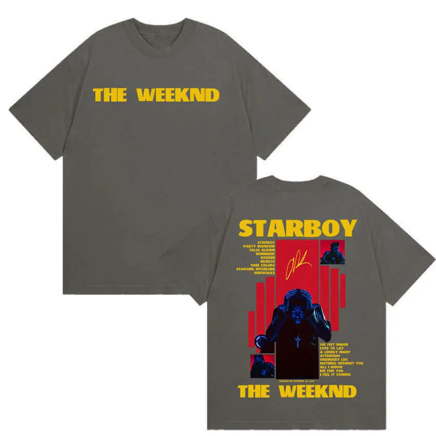 Grey cotton short sleeve t-shirt with bold yellow weeknd starboy album graphic for gothic hip hop y2k streetwear fans