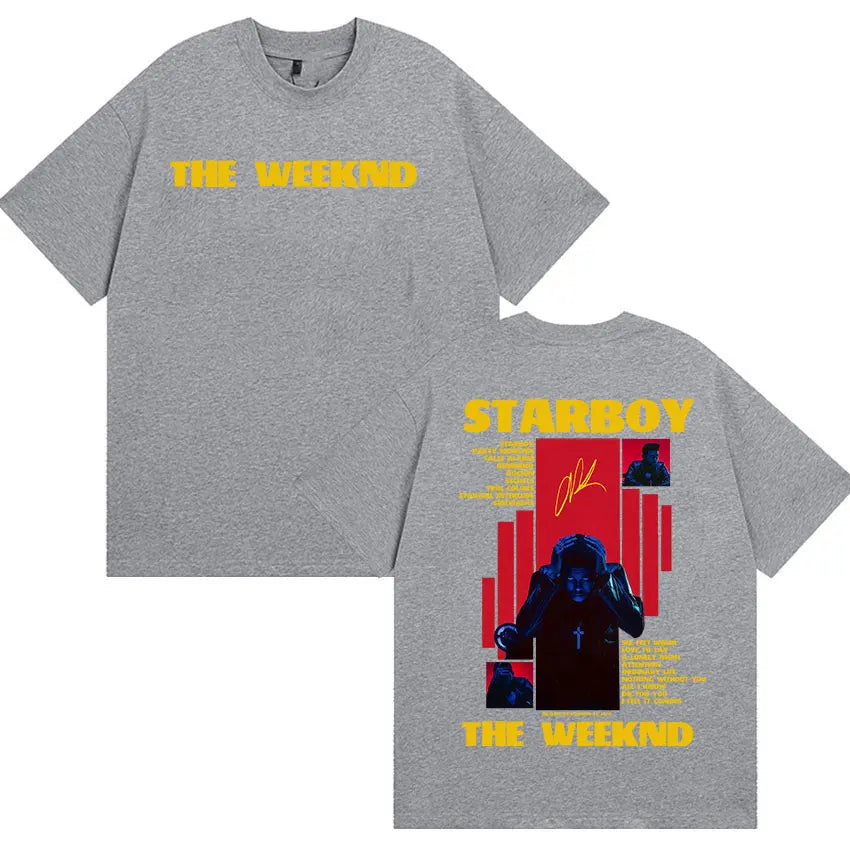 Gray heathered cotton t-shirt showing the back with bold weeknd starboy album graphic in red and yellow gothic hip hop y2k streetwear style