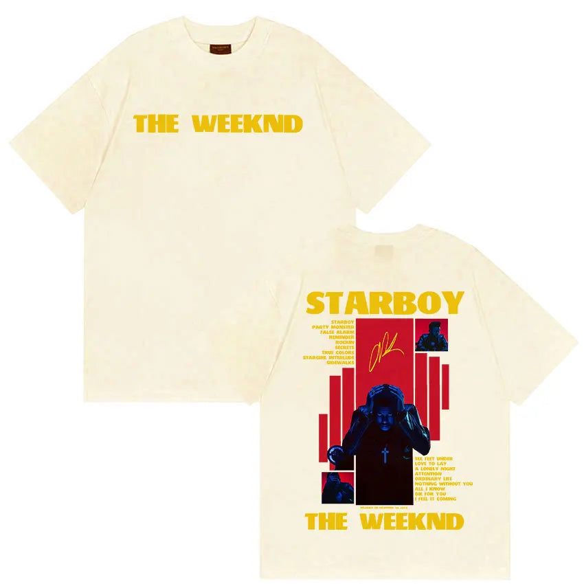 Cream-colored cotton t-shirt featuring bold yellow starboy graphic with red bars and the weeknd silhouette for gothic hip hop y2k streetwear