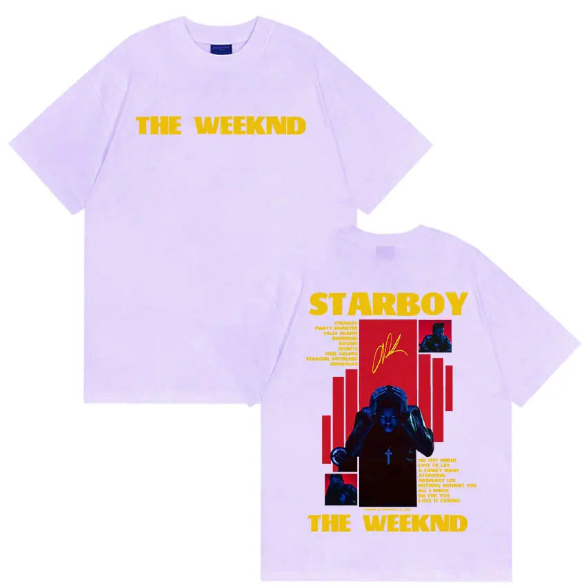 White cotton t-shirt with bold yellow weeknd starboy album graphic for gothic hip hop y2k streetwear style