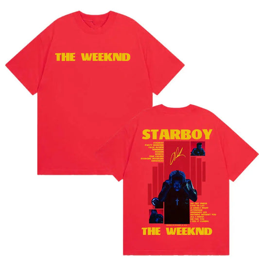 Red cotton t-shirt featuring bold yellow text and weeknd starboy album graphic in gothic hip hop y2k streetwear style