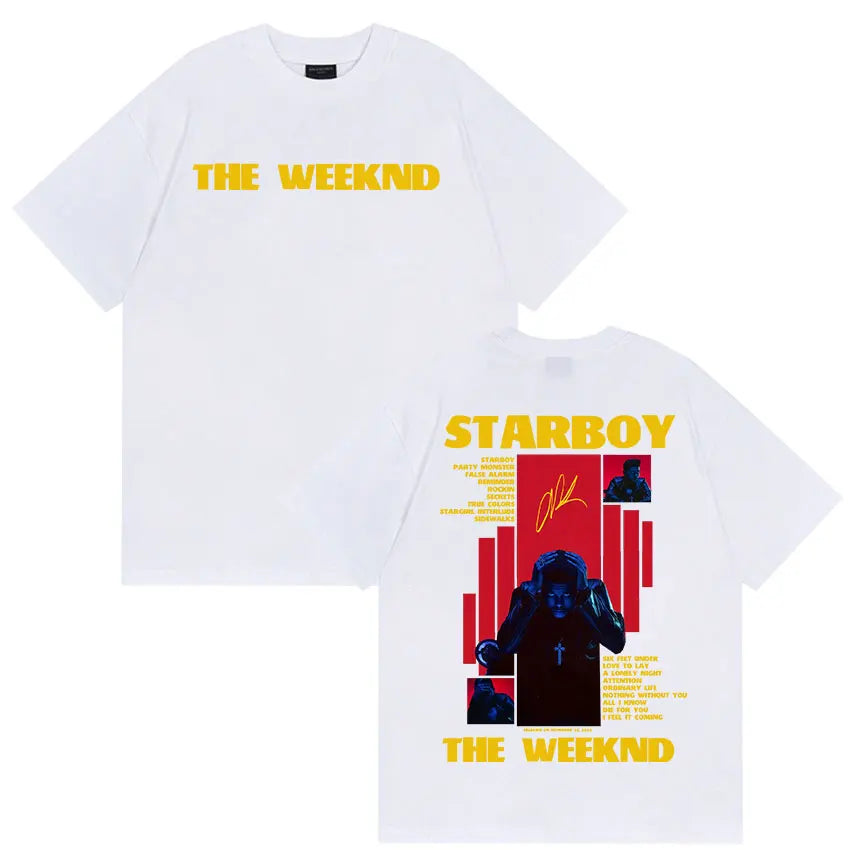 White cotton t-shirt featuring bold yellow weeknd starboy album text and gothic hip hop y2k streetwear graphic design
