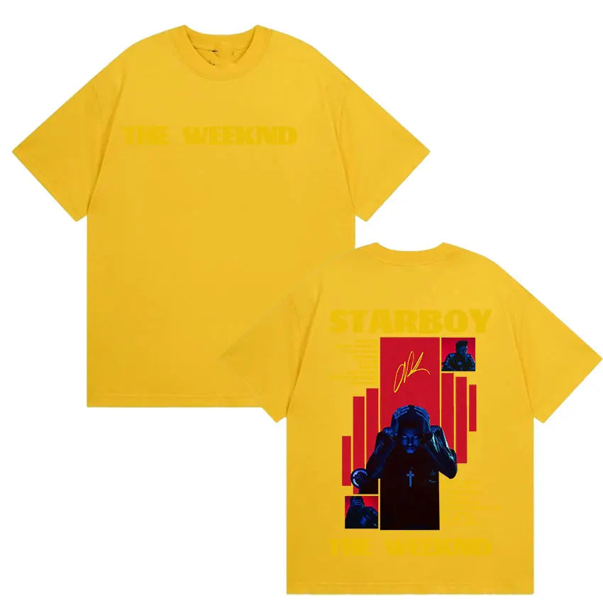 Back of bright yellow cotton short sleeve weeknd starboy album t-shirt with gothic hip hop red graphic for y2k streetwear