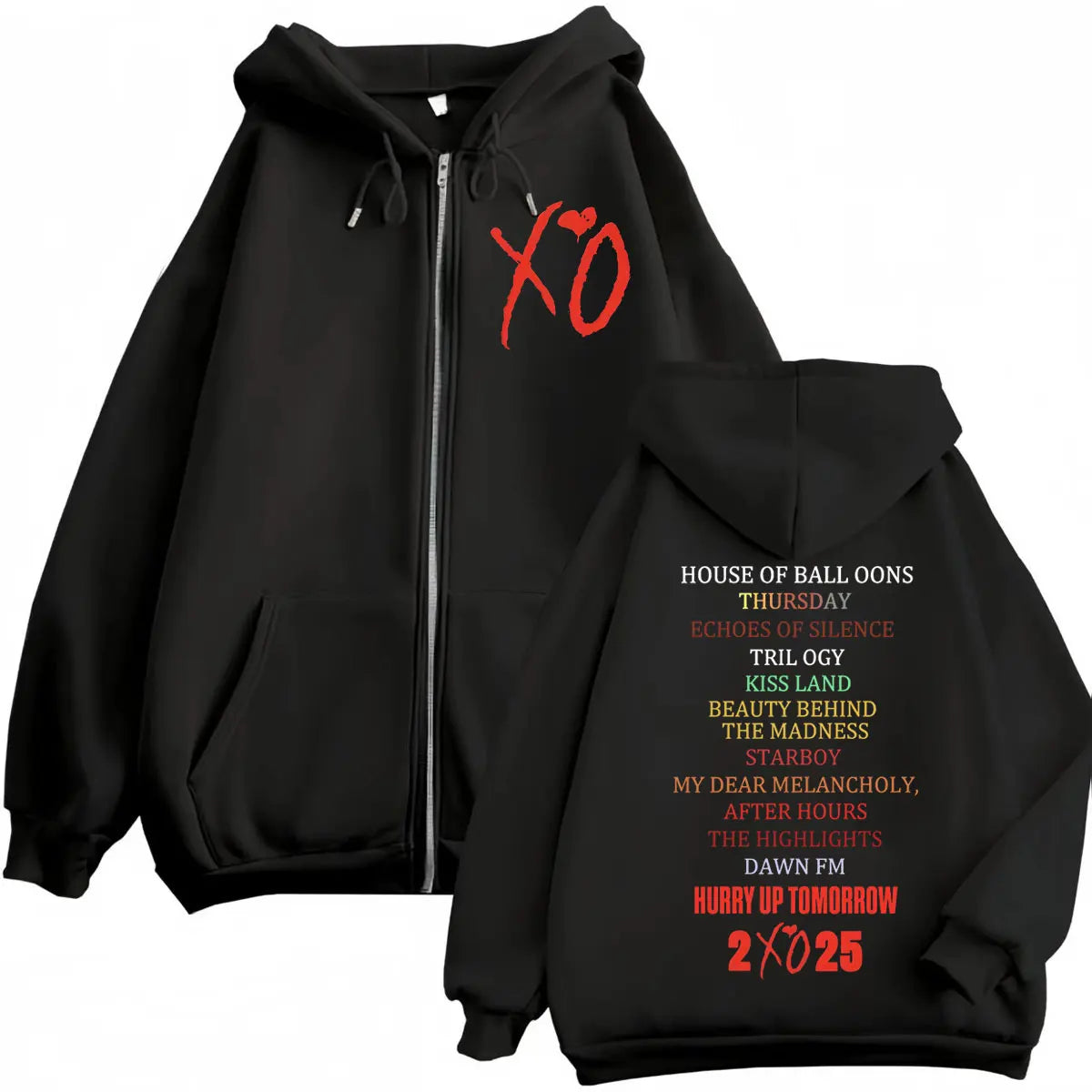 Black zip-up hoodie with red xo logo front and multicolored song titles back featuring 2xo25 for women harajuku y2k hoodies fashion hip