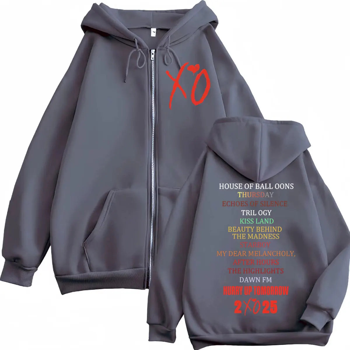 Dark gray zipper hoodie fashion with bold red xo logo front and multicolored album titles back for women harajuku y2k style
