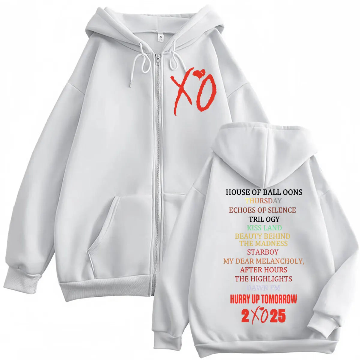 White zip-up hoodie with red xo logo front and multicolored album tracklist on back for women harajuku y2k style