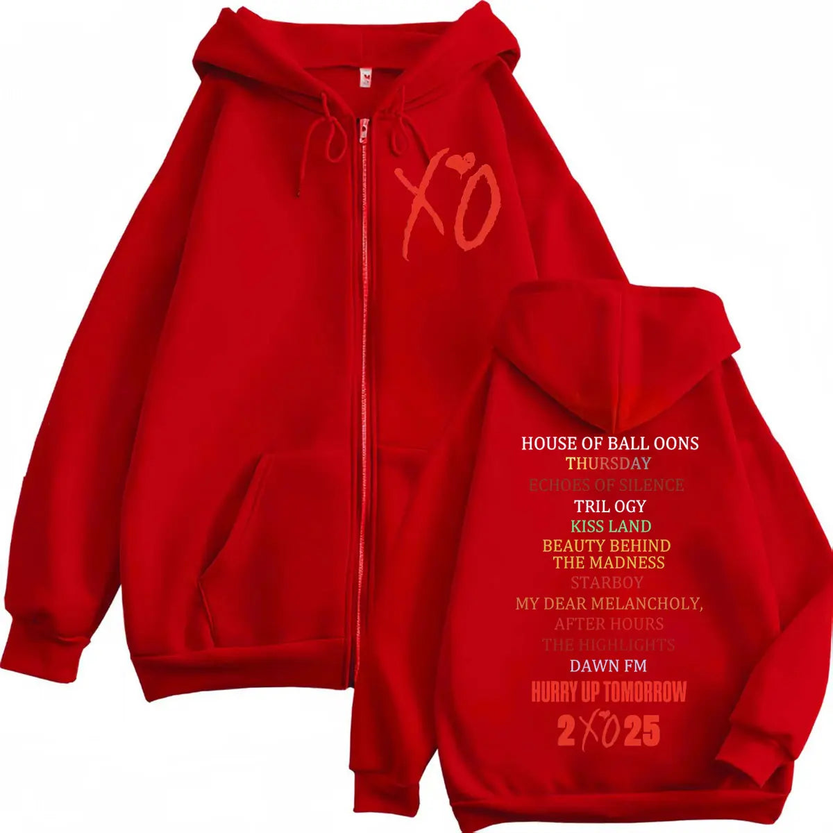 Red zip-up hoodie featuring xo and song titles from the 2xu album for women harajuku y2k zipper hoodies fashion and hooded sweatshirts men