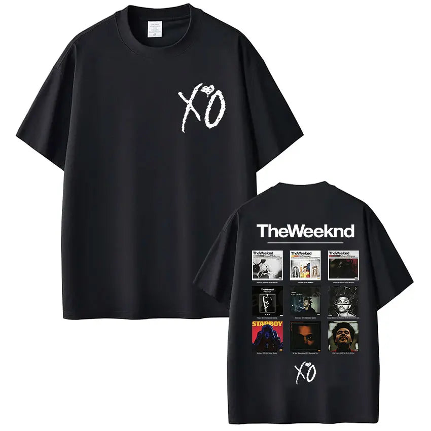 Black short-sleeved t-shirt with white xo logo and weeknd xo album collage for unisex fashion harajuku y2k clothing