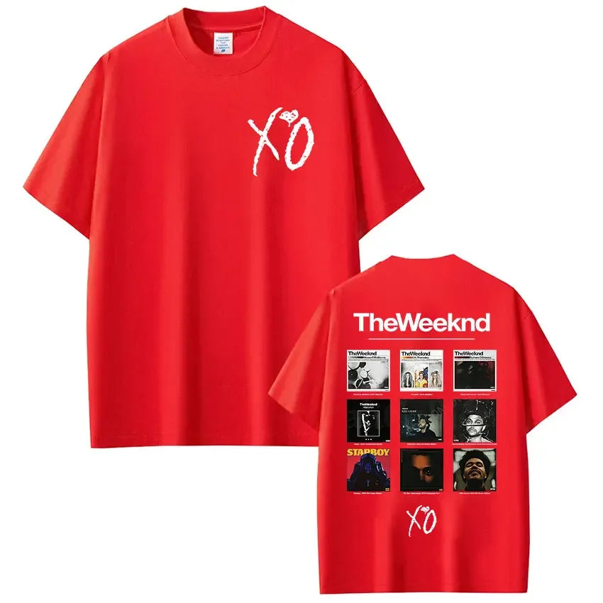 Red short-sleeved t-shirt featuring weeknd xo album covers and logo in unisex fashion harajuku y2k clothing style